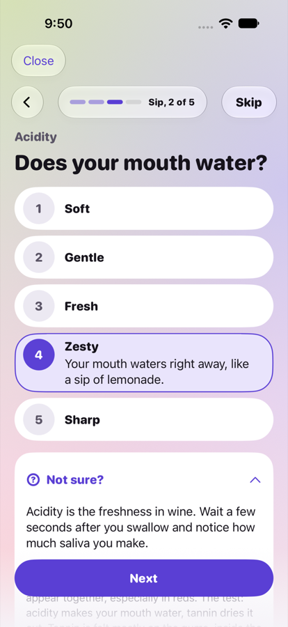 The sip question, with a one to five scale